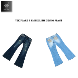 Y2K PANTALONS EN DENIM À JARRET ELARGI ET EMBELLIS..