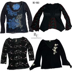 Y2K All Black Rave Full Sleeve Mix  Mesh Tops (RE-..