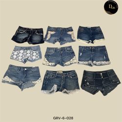 Vintage Y2K Denim Mini Shorts with Elegant Lace Ac..