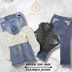 Mixed top and fleard jeans