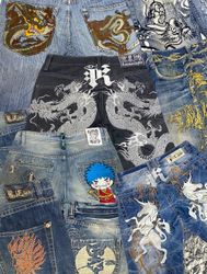 Shorts de denim bordados japoneses