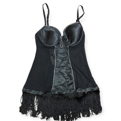 SAY#236 Y2K Black Satin Babydoll Lingerie with Fri..