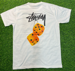 Stussy rework style yellow fuzzy dice white tees