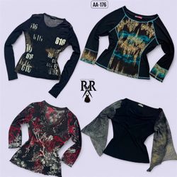Y2K All Black Rave Full Sleeve Mesh Mix Tops (AA-1..