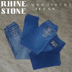 Rhine stone embroidery jeans