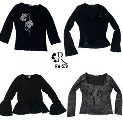 Y2K All Black Gothic Mesh Mix Full Sleeve Tops(Rw-..