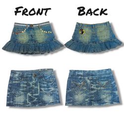 Y2K Pop Denim Minirocke – Bestickt, Mit Reißversch..