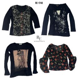Y2K All Black Graphic & Floral Camisas de Manga Lo..