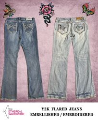 Calças Bootcut Jeans Bordadas / Enfeitadas Y2K de ..