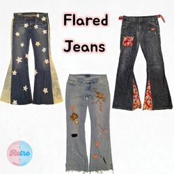 Calças Jeans Vintage Flare Y2K – Patchwork de Estr..