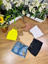 Denim mini skirts and tops with pairs