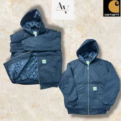 Carhartt rework style black and blue hoodie jacket..