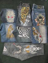 Jeans y2k com bordado japonês