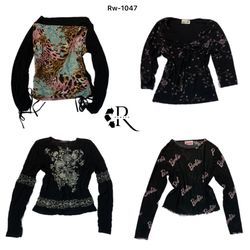 Y2K All Black Rave Camisas de Manga Longa (RE-2275..