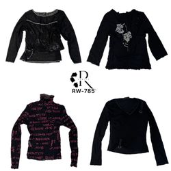 Y2K All Black Gothic Mesh Mix Full Sleeve Tops(Rw-..