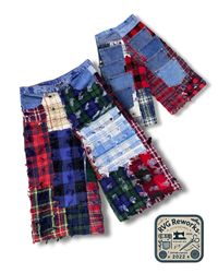 Jorts de Denim Flanelado em Patches Boro Reciclado..