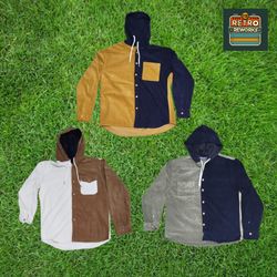 SS25 アップサイクル コーデュロイ コントラスト パネル フーディー シャツ