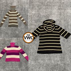 Y2K Striped Turtleneck Sweater Bundle : Cowl Neck,..