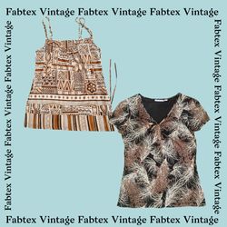 (FV-164) Vintage Boho Y2K Printed Tops - Earthy Br..