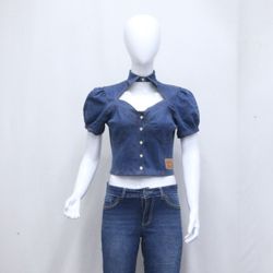 Top corset à manches bouffantes en denim upcyclé C..