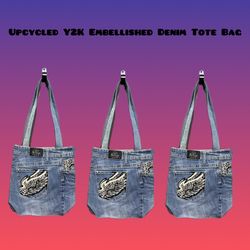Upcycled denim embellished tote bags