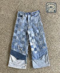 Upcycled Mini Grid Patchwork Denim Pants