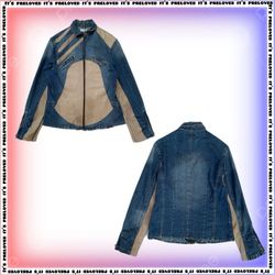 Upcycled Denim und Leder Y2K Stil Zip-Up Lederjack..