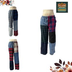 Pantaloni in denim riciclato a patchwork a scacchi..