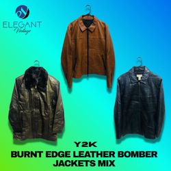 Y2K バーントエッジレザーボンバージャケットミックス - EV1225