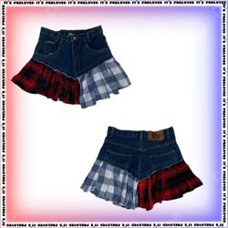 Mini-jupe plissée en denim et flanelle upcyclée st..