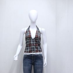 CR736 Upcycled Flannel Halter Top