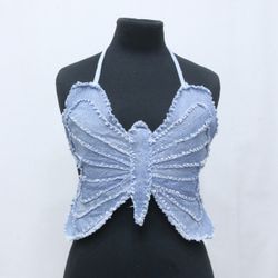 CR831 Upcycled Denim Butterfly Crop Top