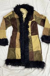 Upcycled Patchwork Suede & Corduroy Coat with Faux..