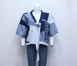 CR926 Upcycled Raw Edge Patchwork Denim Kimono Jac..
