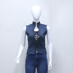 CR972  Upcycled Denim Lace-Up Halter Top/Vest