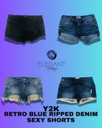 Y2K Retro Blue Ripped Denim Shorts - EV1277