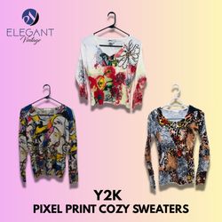 Y2K Pixel Print Cozy Sweaters - EV1353