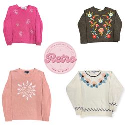 Vintage Floral Jumper Set – Handgestickte Strickwa..