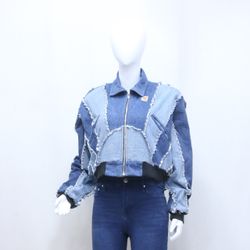 CR1025 Upcycled Multi-Wash Panel Denim Cropped Jac..