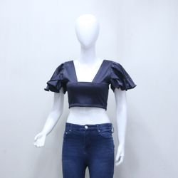 CR1026 Upcycled Satin Ruffle-Sleeve Crop Top