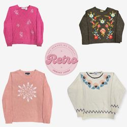 Vintage Verziertes Pullover-Set – Sanfte Pastellst..