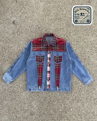 Giacca di jeans con pannello a quadretti riciclata