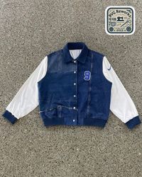 Upcycled Denim–Jersey Varsity Jacket