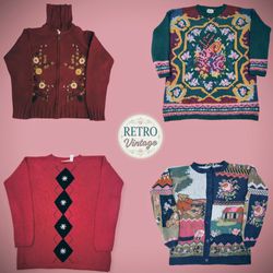 Maglione in maglia con zip floreale retrò, pullove..