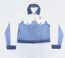 CR1058  Upcycled Two-Tone Denim Cropped Jacket