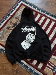 Stussy rework style fuzzy dice pullover hoodie