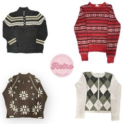 Y2K Argyle Zip-Up Strickpullover | Preppy Vintage ..