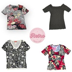 Vintage Black Floral Rose Print V-Neck Short Sleev..