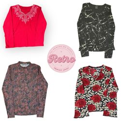 Vintage Red Embroidered Neckline Long Sleeve Retro..