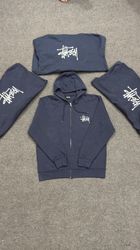 Stussy刺繍ダークブルーリワークスタイルジッパーフーディ